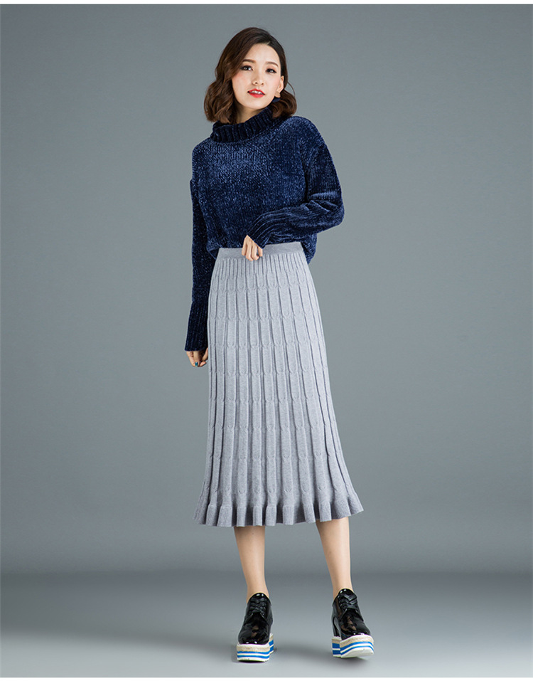 麻花针织半身裙女秋冬2018新款高腰复古毛线百褶裙中长款大摆裙子