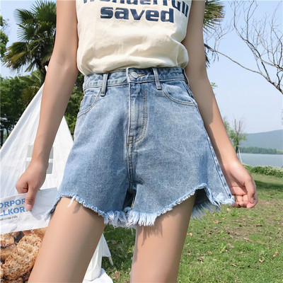实拍 韩系热裤波浪撕边须边高腰显瘦休闲宽松牛仔短裤610121
