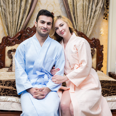 天奕纯棉浴袍毛巾料酒店浴衣男女情侣春夏季薄全棉和服华夫格睡袍