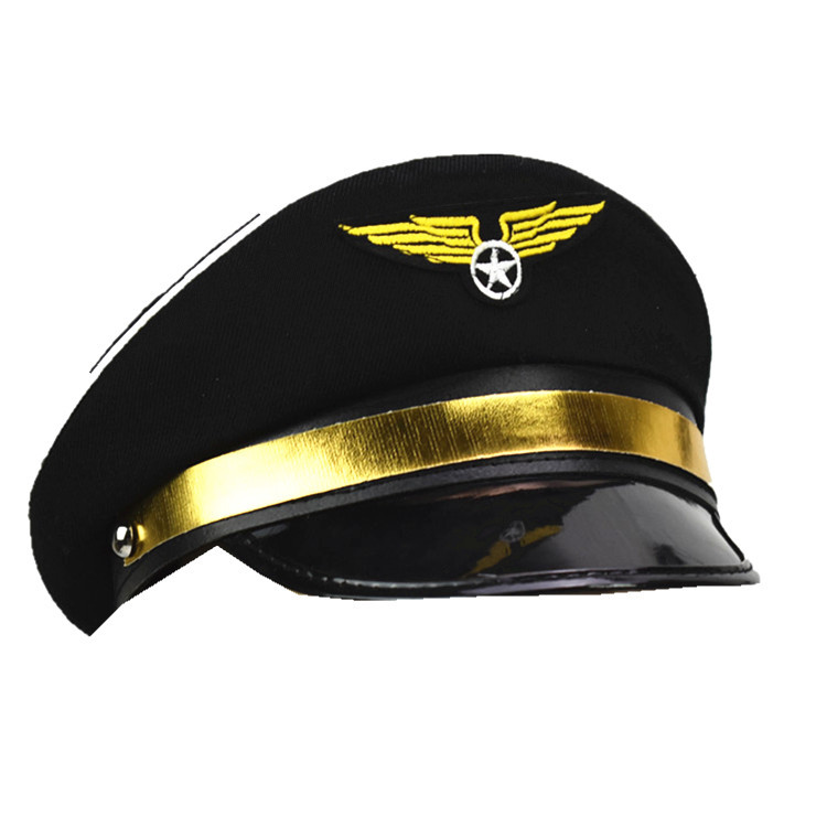 现货黑色刺绣飞行帽仿毛晴机长帽航空帽酒吧夜店cosplay节日帽子