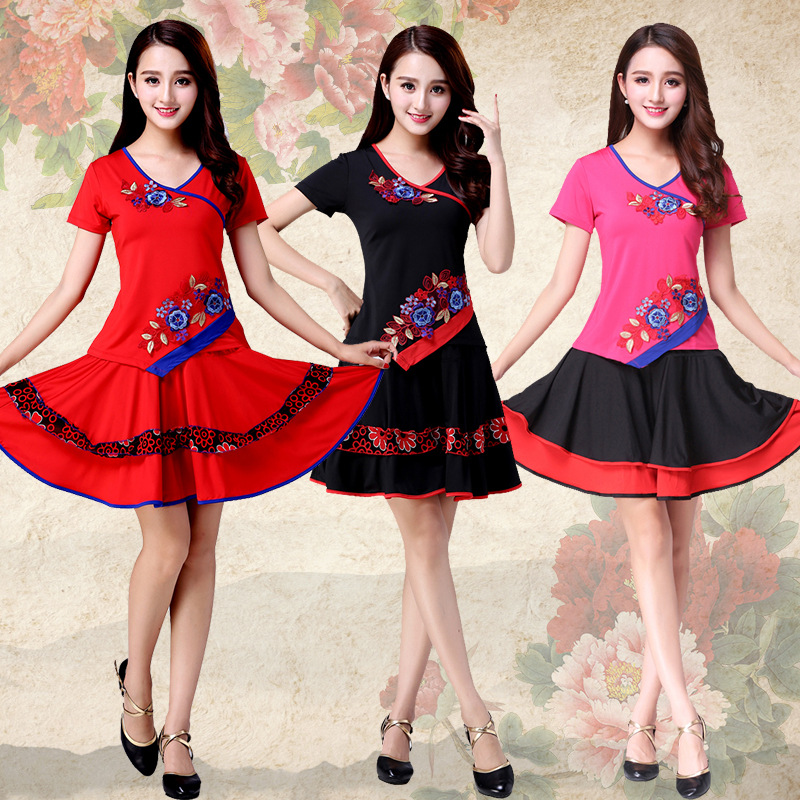 新款广场舞服装套装夏季女士中老年人短袖短裙子跳舞蹈衣服演出服