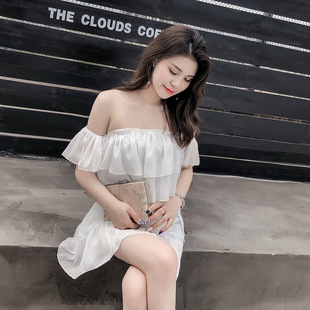 ins超火裙子夜店一字肩连衣裙收腰性感露肩雪纺裙抹胸裙子女夏装