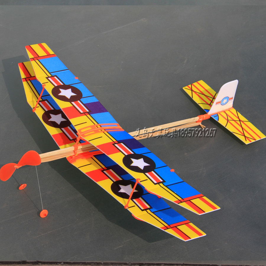 双翼飞机橡皮筋动力滑翔机投掷拼装航模玩具diy泡沫有动力起落架