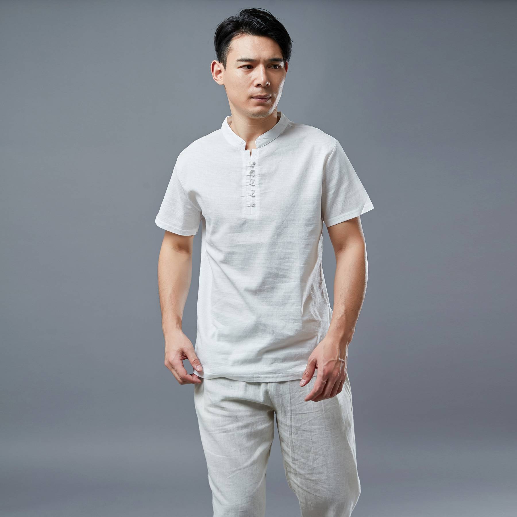 2018夏季新款修身立领麻棉休闲衬衫棉麻中国风男装夏短袖t恤衫