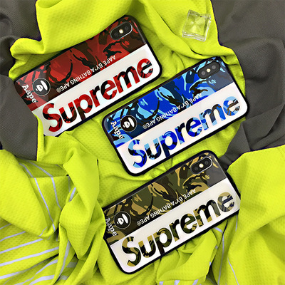 玻璃潮牌supreme镜面猿人头aape苹果7plus手机壳6s硅胶iphonex套8