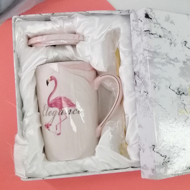 Gift Box Ins Internet Hot Girlish Creative Marble Pattern Breakfast Cup Ceramic Mug with Cover with Spoon Water Cup