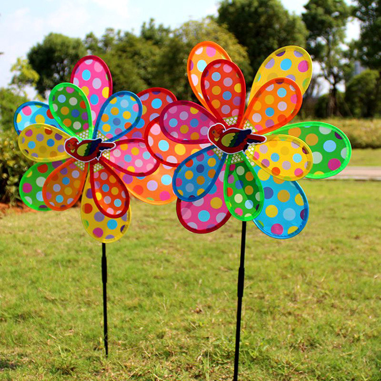 厂家直销户外装饰儿童塑料传统玩具双层大号六彩圆点风车批发