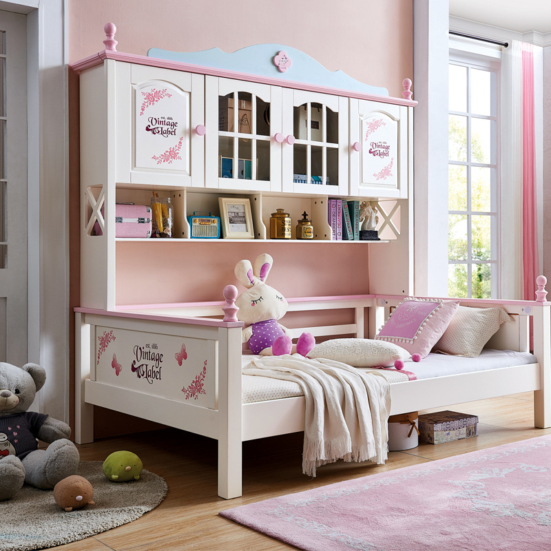 全实木儿童床组合书柜床多功能小户型粉色女孩公主床一体储物