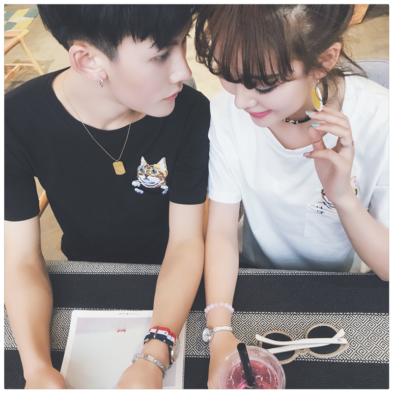 简约圆领猫咪男女侣装t恤2018夏季新款短袖出游团批潮男女班服