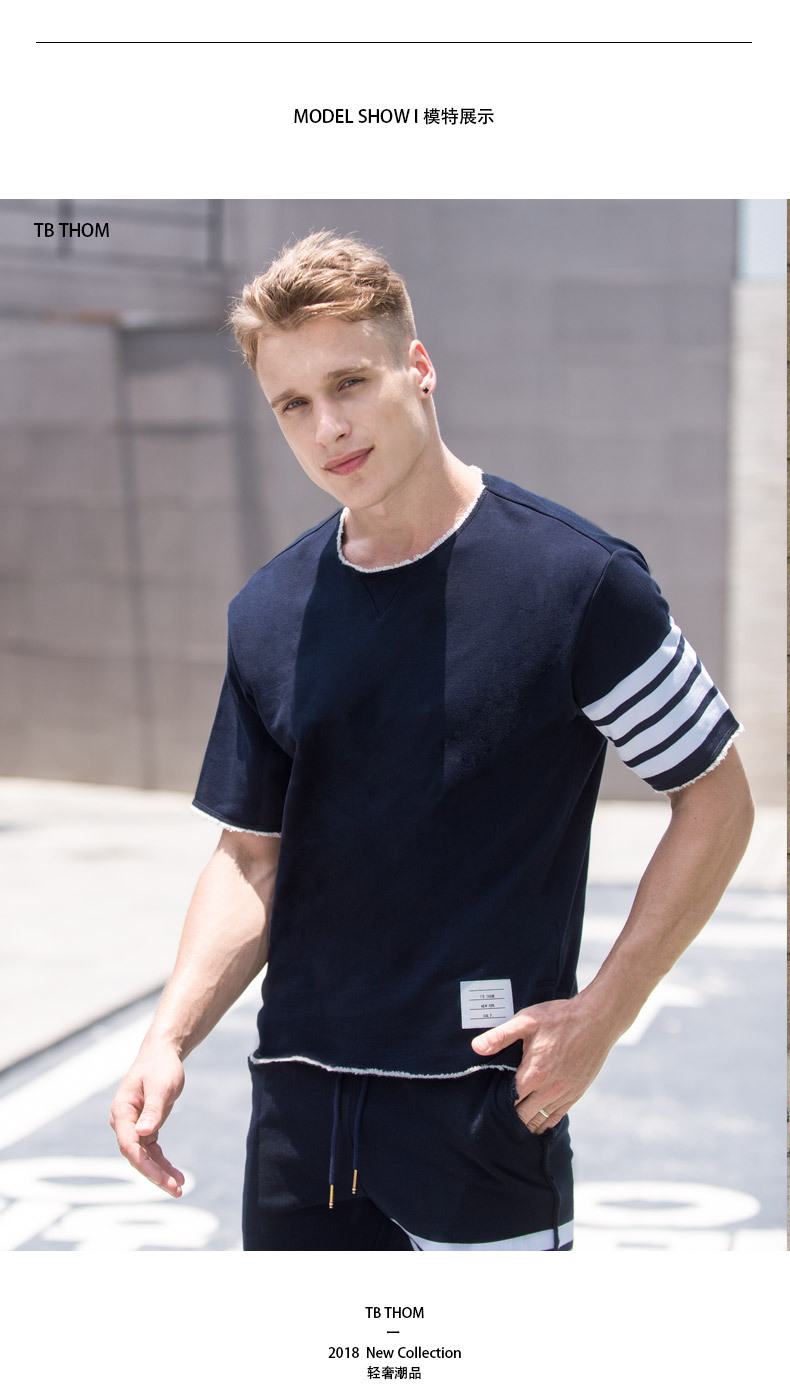 tb thom2018春秋季新款欧美潮流短袖男t恤纯棉流苏包边青少年