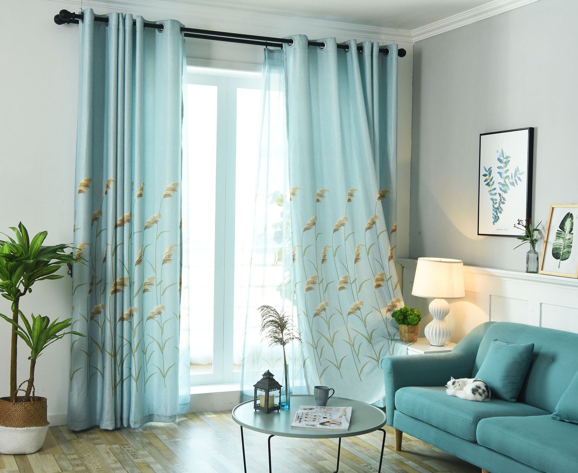 新中式现代简约美式田园仿麻印花芦苇花客厅卧室阳台纱帘成品窗帘