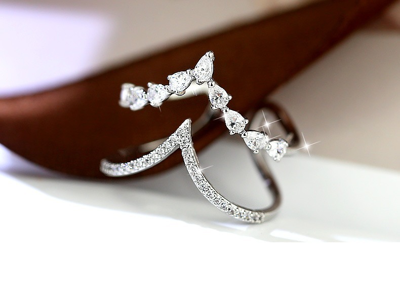 韩版锆石戒指百搭微镶水滴双层开口戒指个性潮流不规则双层戒指