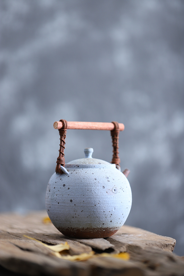 景德镇粗陶粉引虫蛀茶壶泡茶壶木柄提梁壶粗陶耐火大茶壶