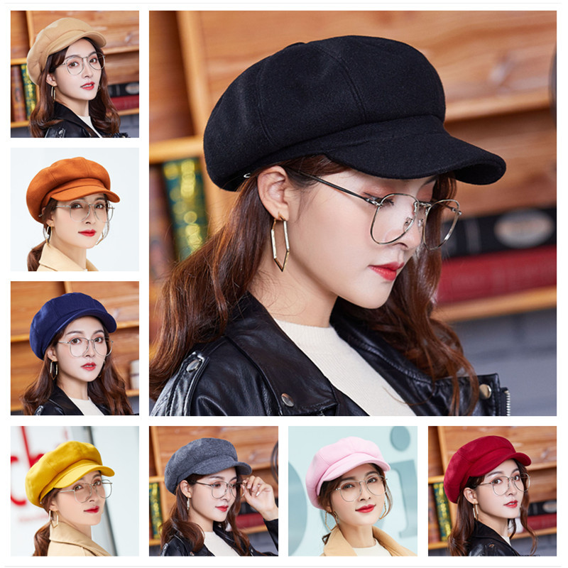 秋冬新款羊毛呢贝雷八角帽子女 韩版文艺范简约百搭纯色鸭舌帽潮