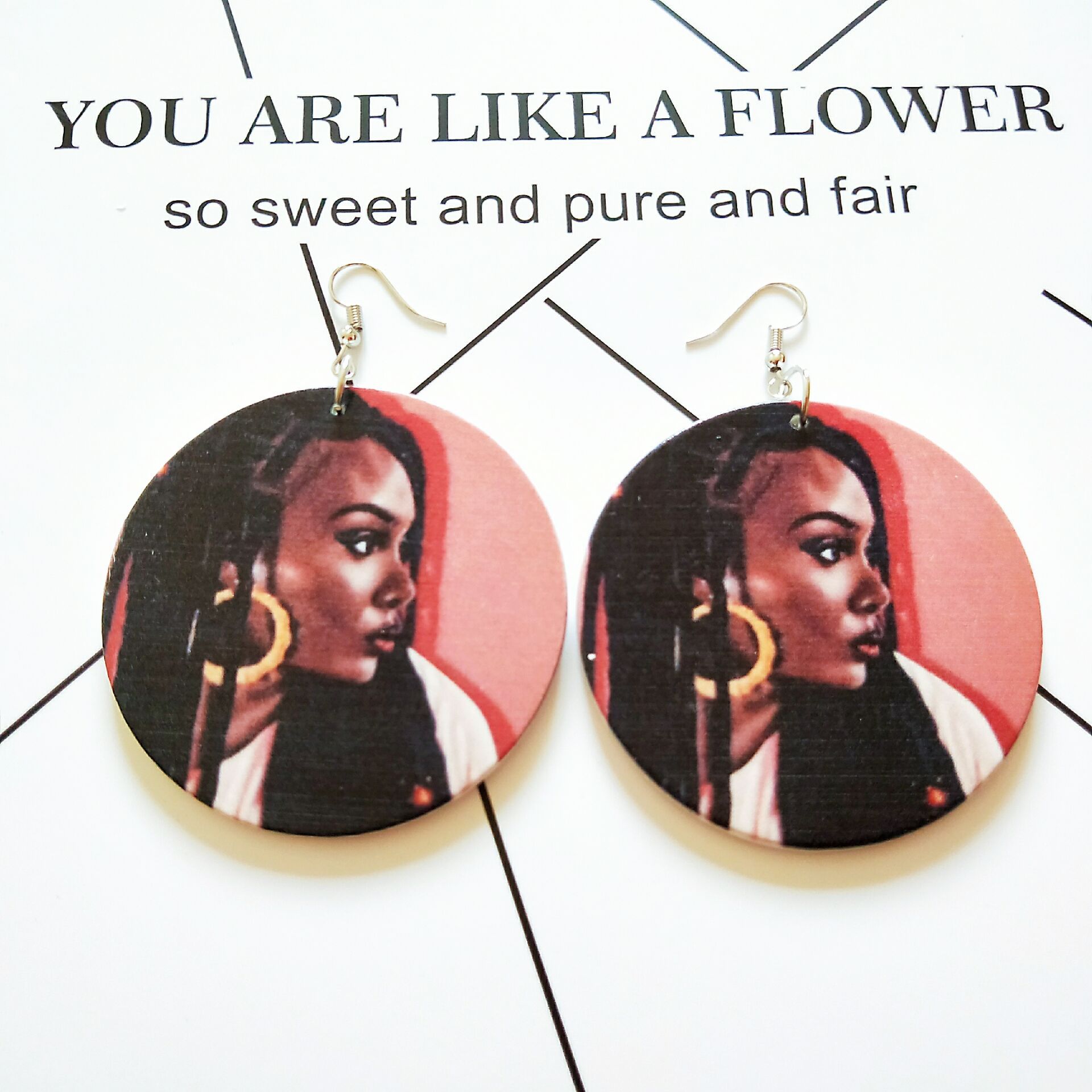 夸张非洲人头图案几何圆形木质耳环 时尚木头耳饰耳坠耳饰品批发