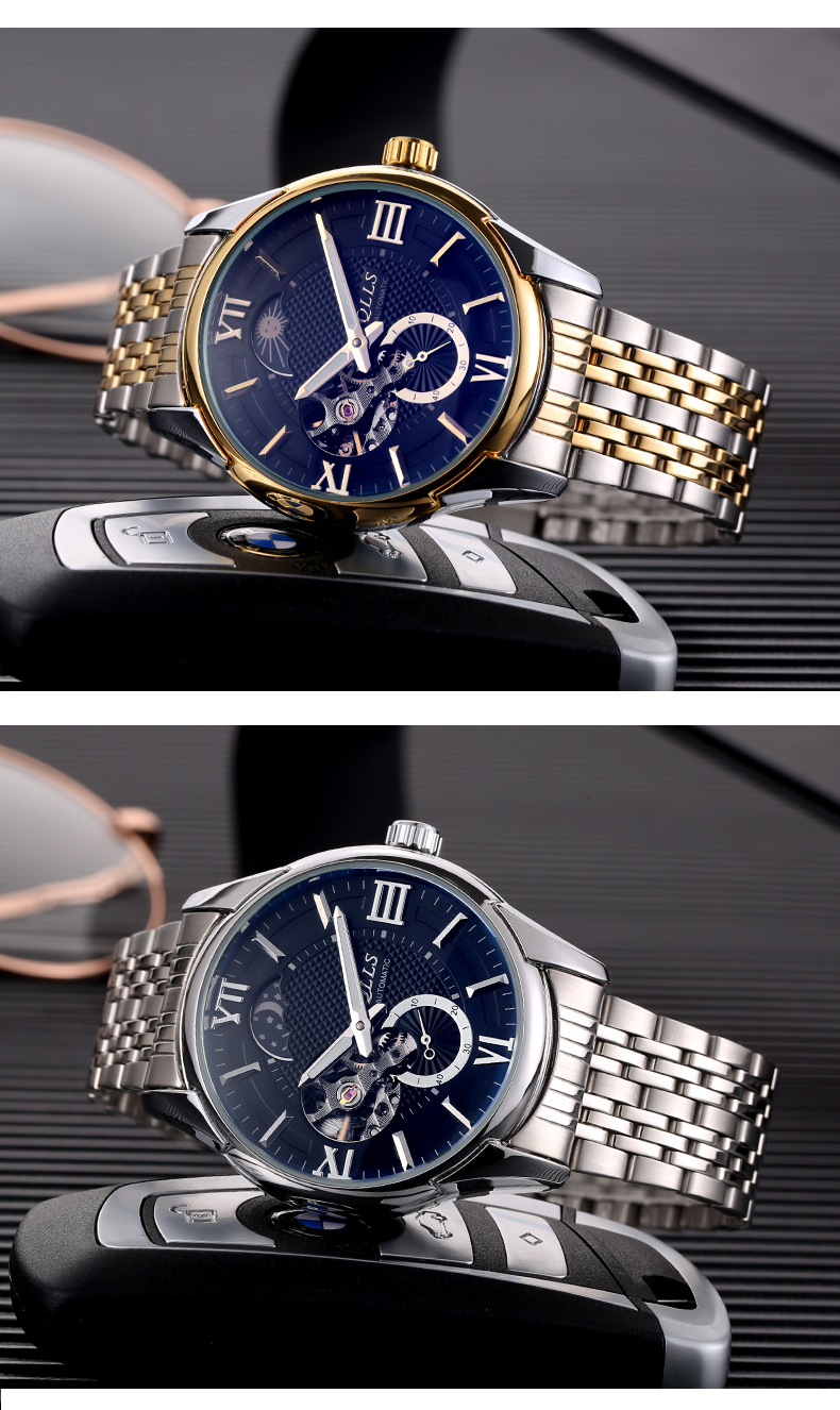 奇洛时新款全自动机械表男表钢带手表男士时尚潮流夜光防水男腕表