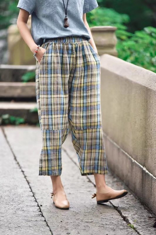 2018夏季新款 日式宽松百搭格子亚麻松紧腰垮裤女九分裤1819