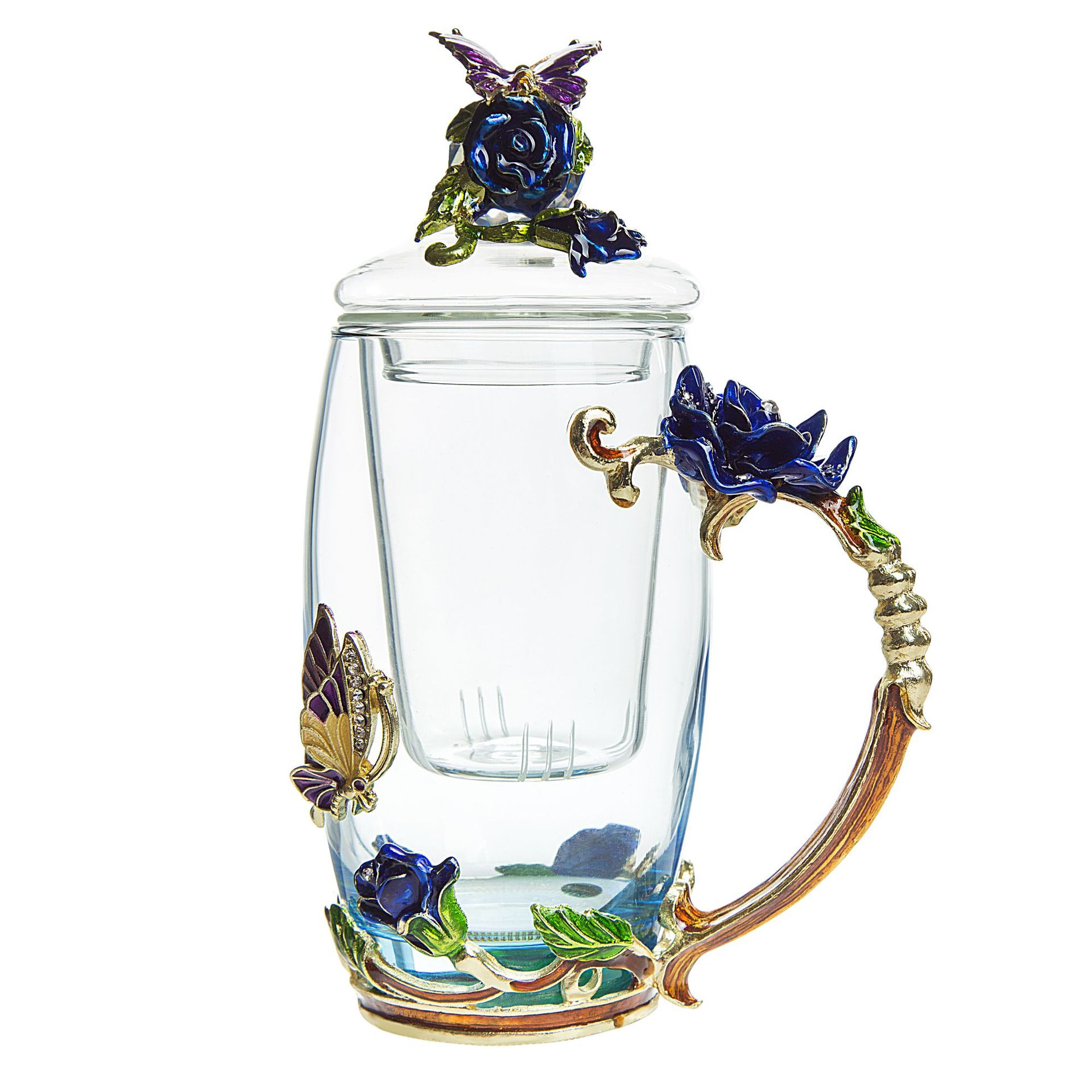 花筝妍蓝玫瑰珐琅杯套装环保洛诗花茶杯水晶杯耐高温玻璃杯礼品杯