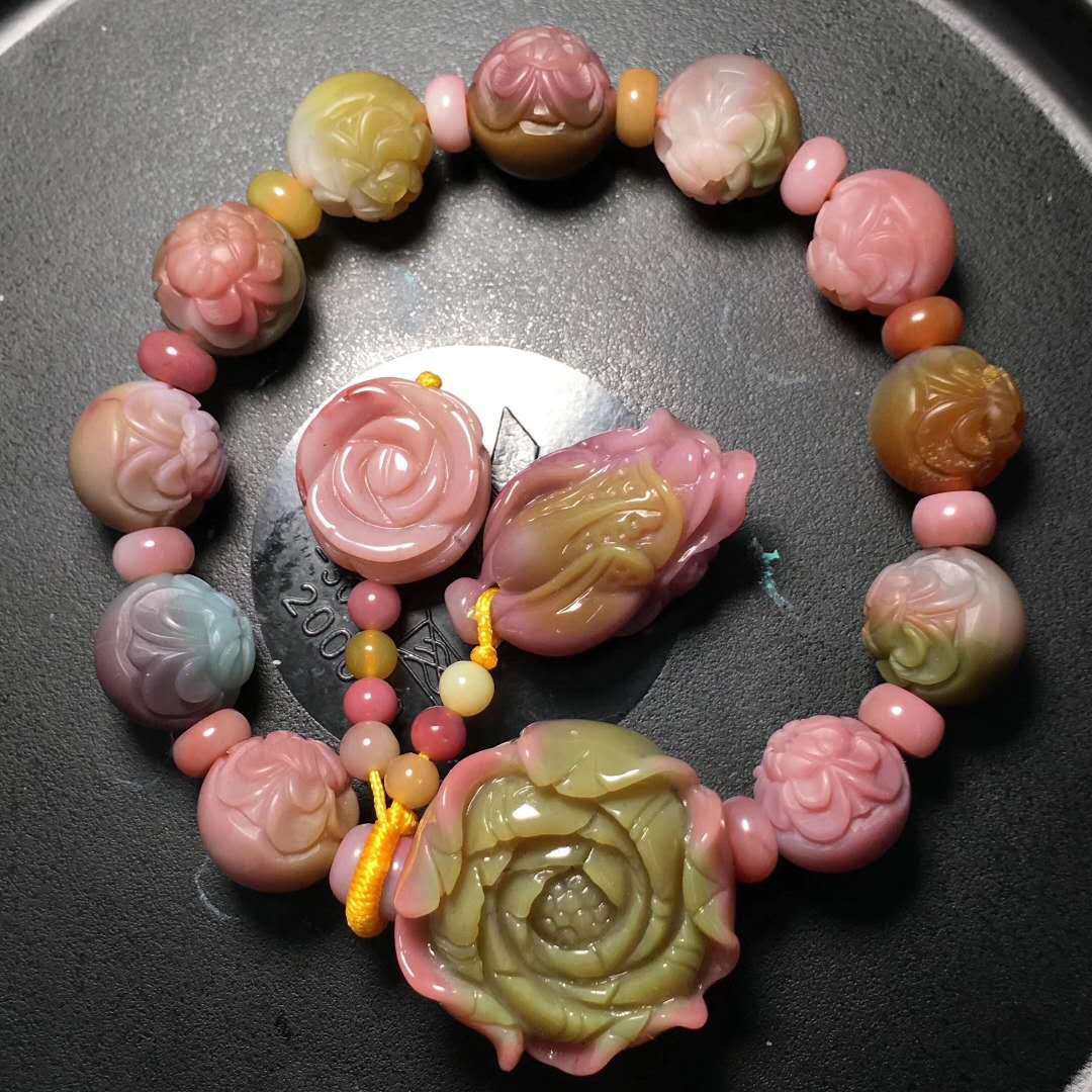 可塘珠宝厂家批发 天然四川盐源玛瑙 多彩玛瑙 牡丹花手串