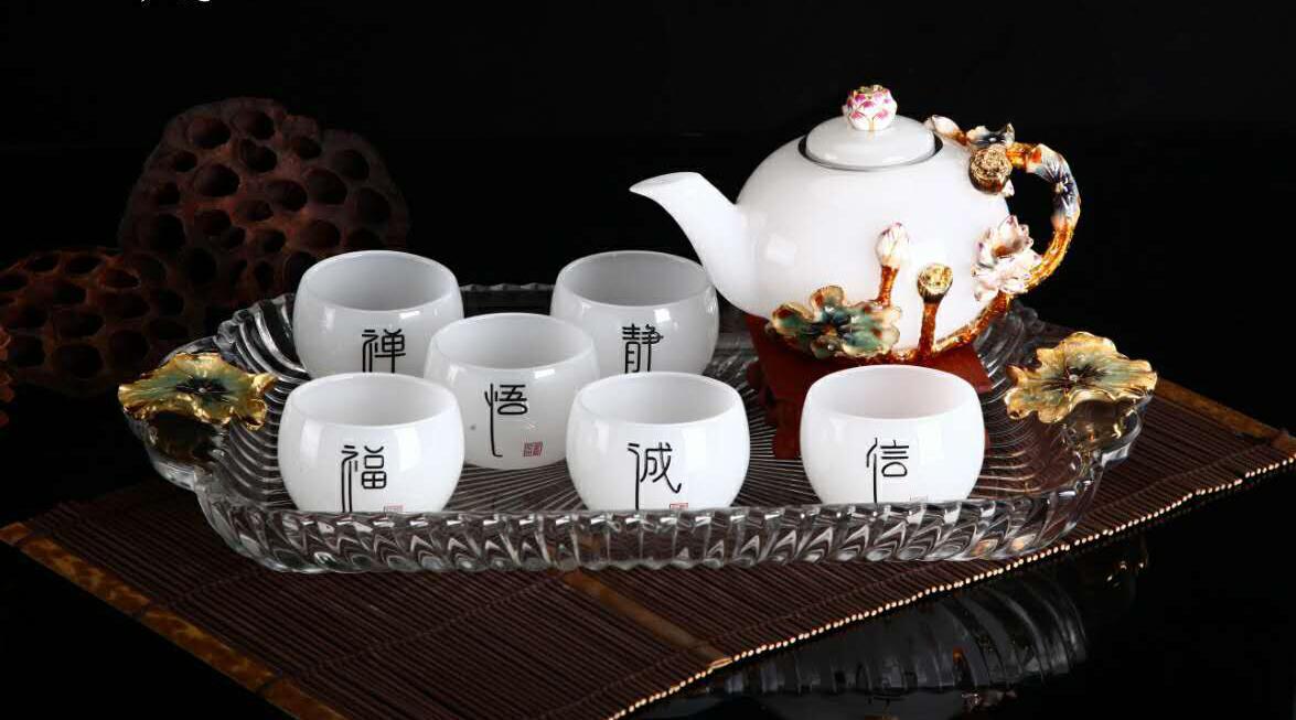 白玉茶具套装玉石茶具玉石茶具年会礼品梅兰竹菊珐琅彩白玉茶壶