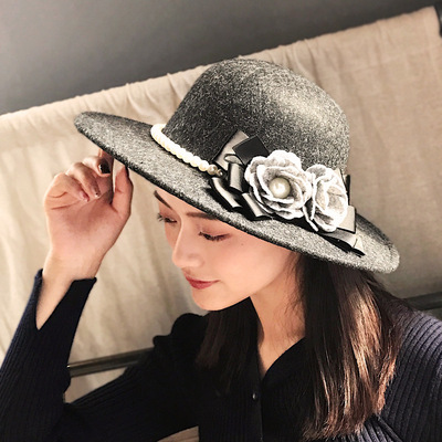 毛呢帽子春秋女时尚潮装饰百搭韩版休闲英伦复古圆顶小礼帽出游