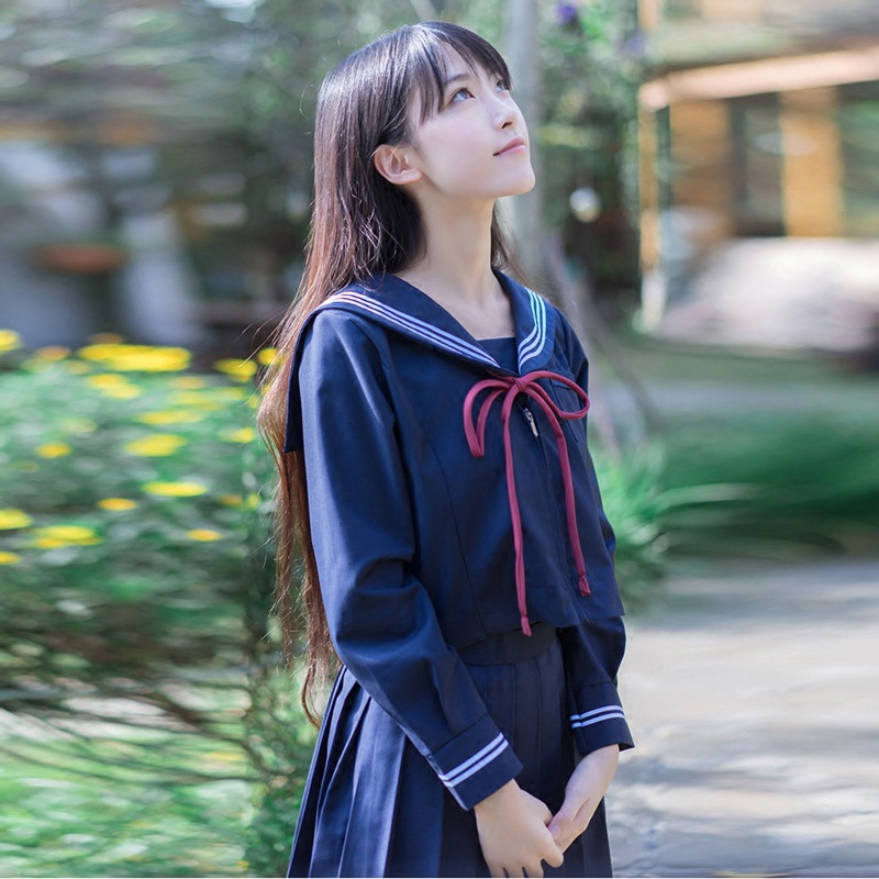 日系水手服长袖正统jk制服学生装深绀色软妹服学院风校服班服套装