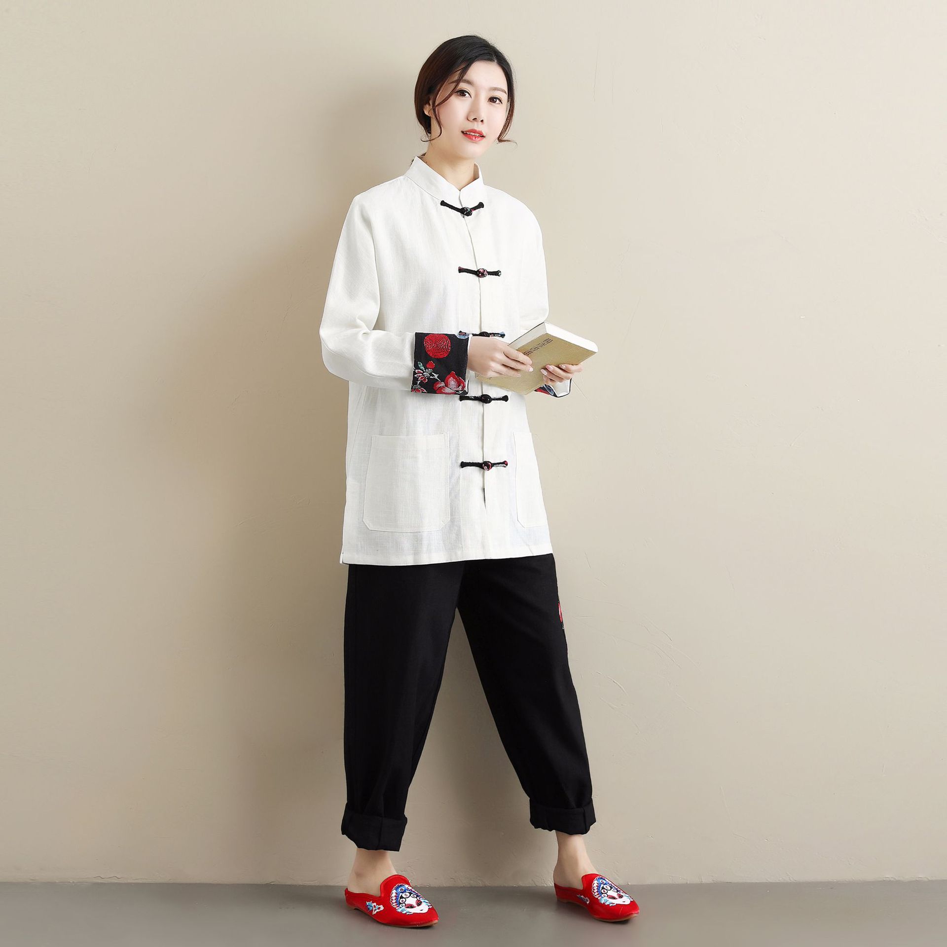 春季新款锦鸡对襟衣 苎麻女上衣中国文艺风宽松版上衣创意款