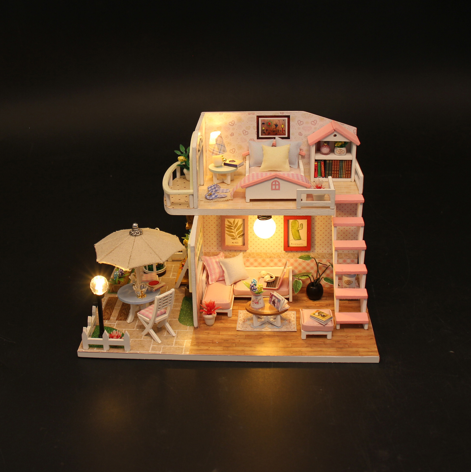 弘达diy小屋粉黛阁楼 手工拼装迷你别墅模型 木质diy小屋创意礼品