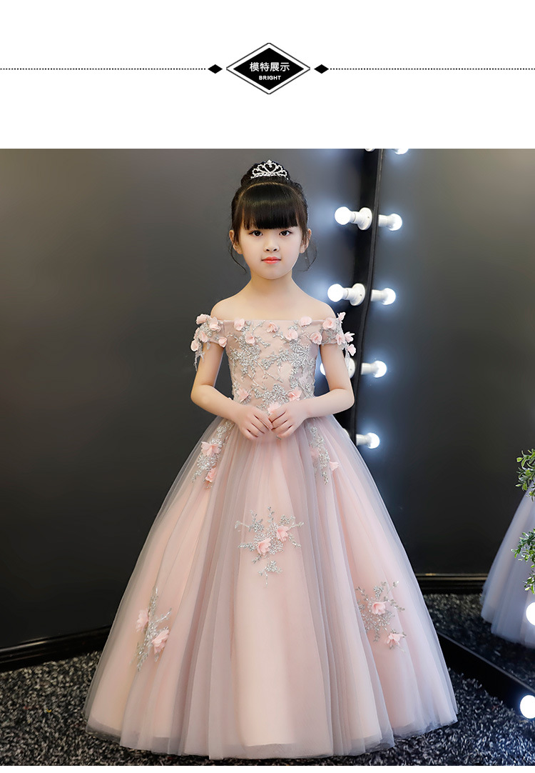 2019新款一字肩女童婚纱主持人儿童生日晚礼服公主裙花童钢琴演出