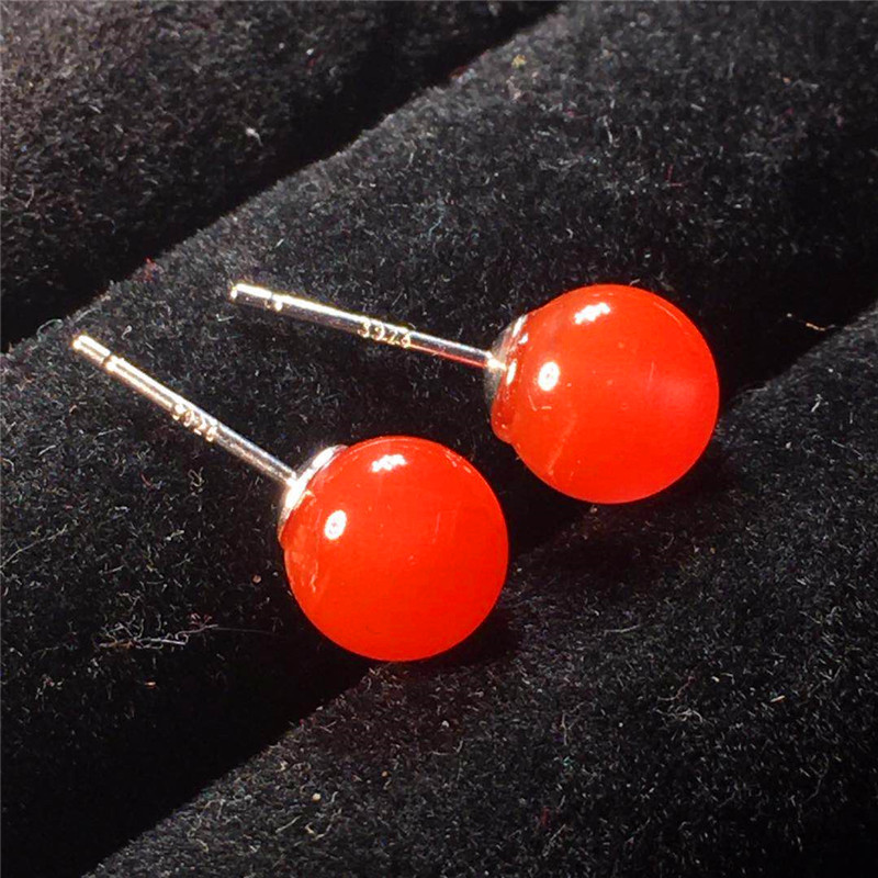 天然川料南红玛瑙耳钉女 925银镶嵌樱桃红时尚圆珠款耳饰ronerai