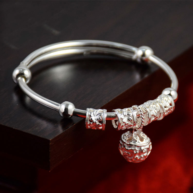 s990银手镯 女时尚甜美亲子款铃铛手镯 宝宝儿童纯银手镯饰品批发