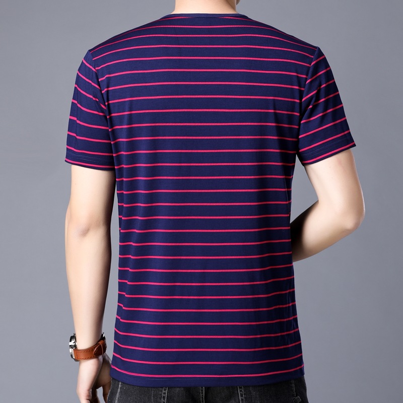 大码男装批发韩版男式短袖蓝白条纹t恤圆领夏季新品胖子上衣服4xl