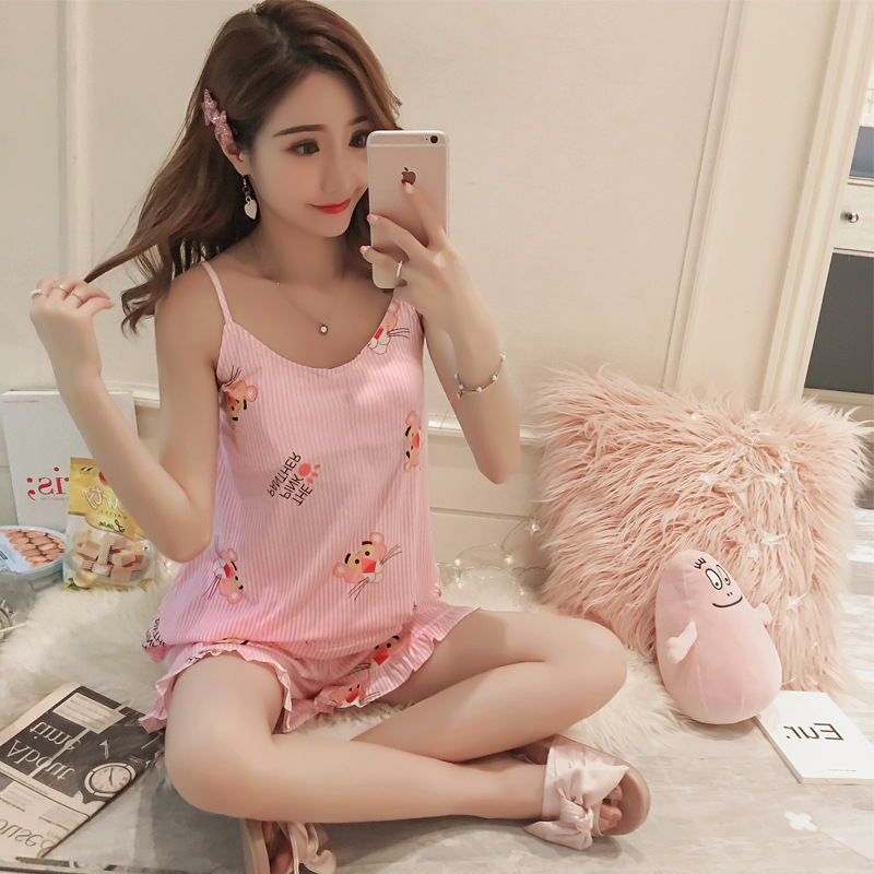 带胸垫睡衣女夏吊带背心可爱粉红豹套装无袖夏天家居服免穿文胸