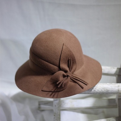 秋冬女士羊毛呢花朵圆顶毡帽蝴蝶兰立体花朵宽檐盆帽保暖礼帽