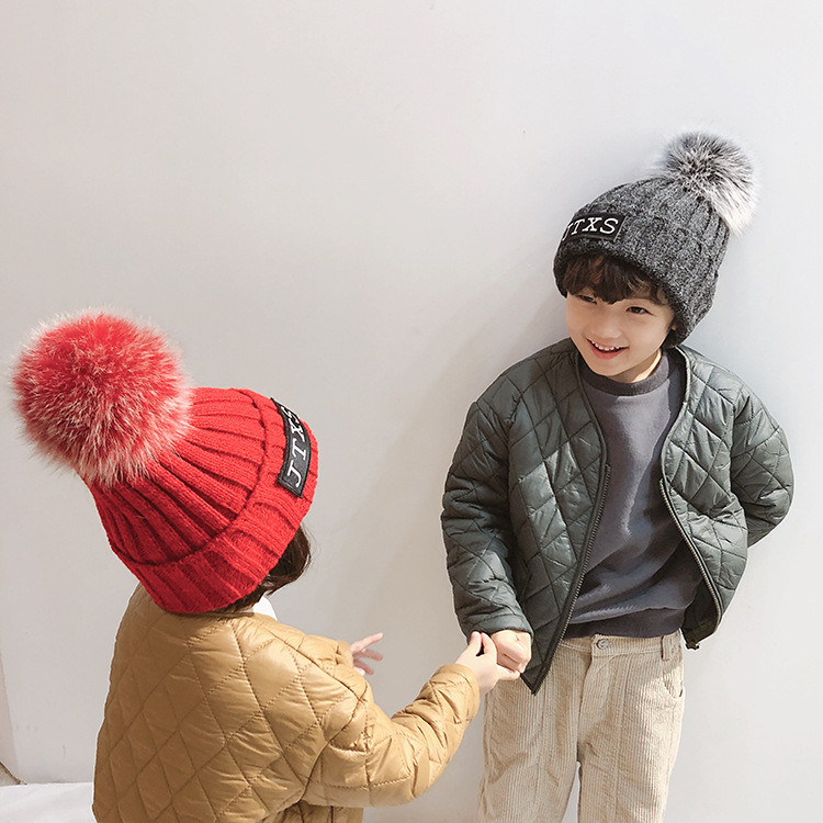 儿童毛线帽子潮秋冬天狐狸毛针织大毛球时尚贴标保暖护耳套头帽子
