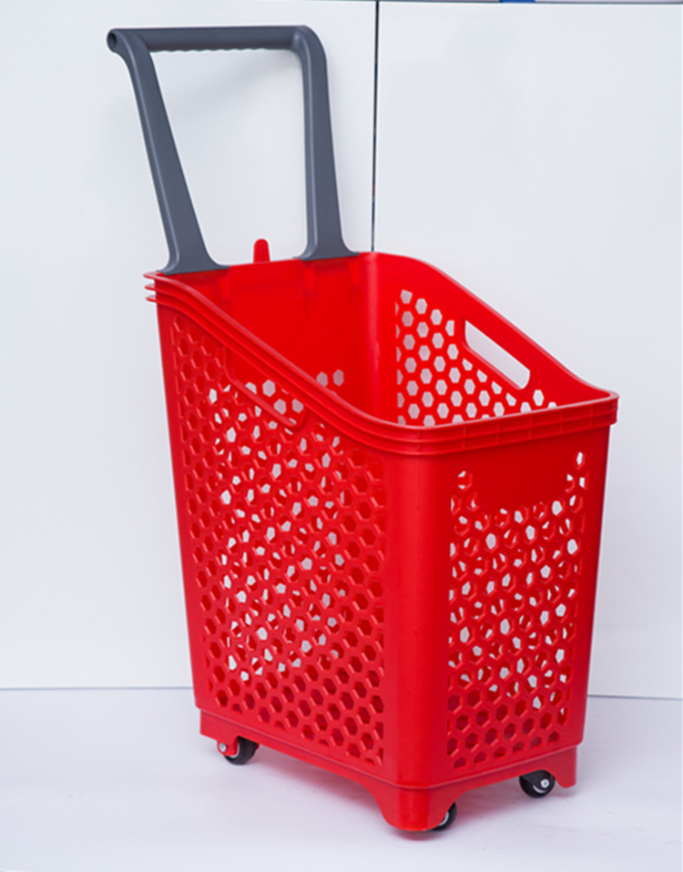超市购物篮 商场塑料篮带轮拉杆篮子购物筐四轮批发