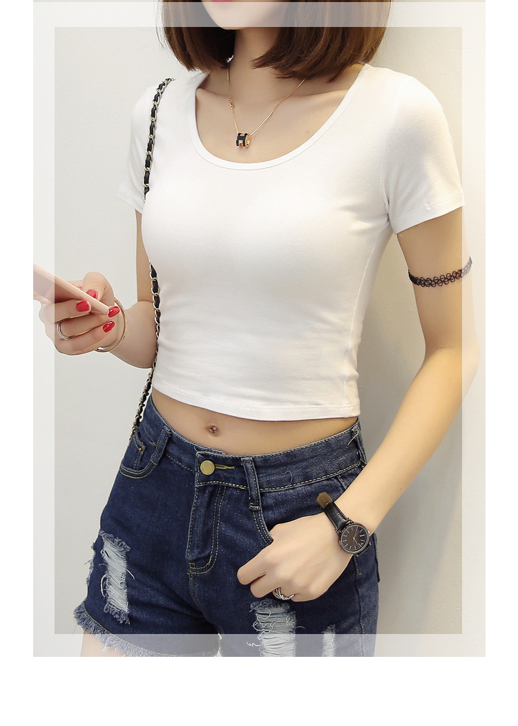 实拍露脐上衣白色t恤女夏 短款高腰紧身漏脐短装修身衣服露肚脐装