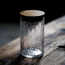 日式锤纹玻璃茶叶罐竹木盖透明冰裂玻璃茶罐密封罐储物罐功夫茶具