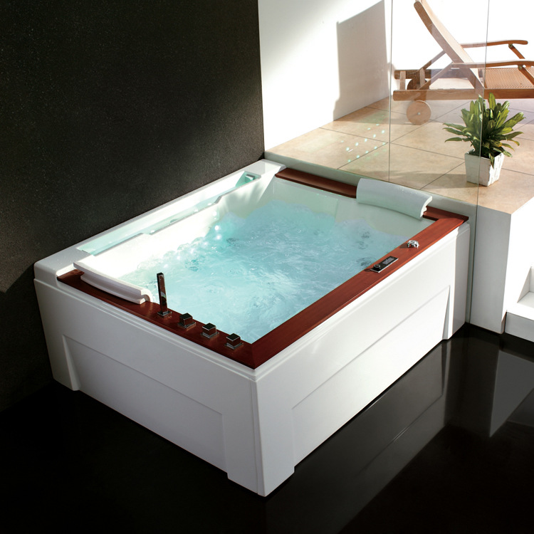 批量生产 wg-u2606亚克力多人豪华按摩浴缸带天然实木面板