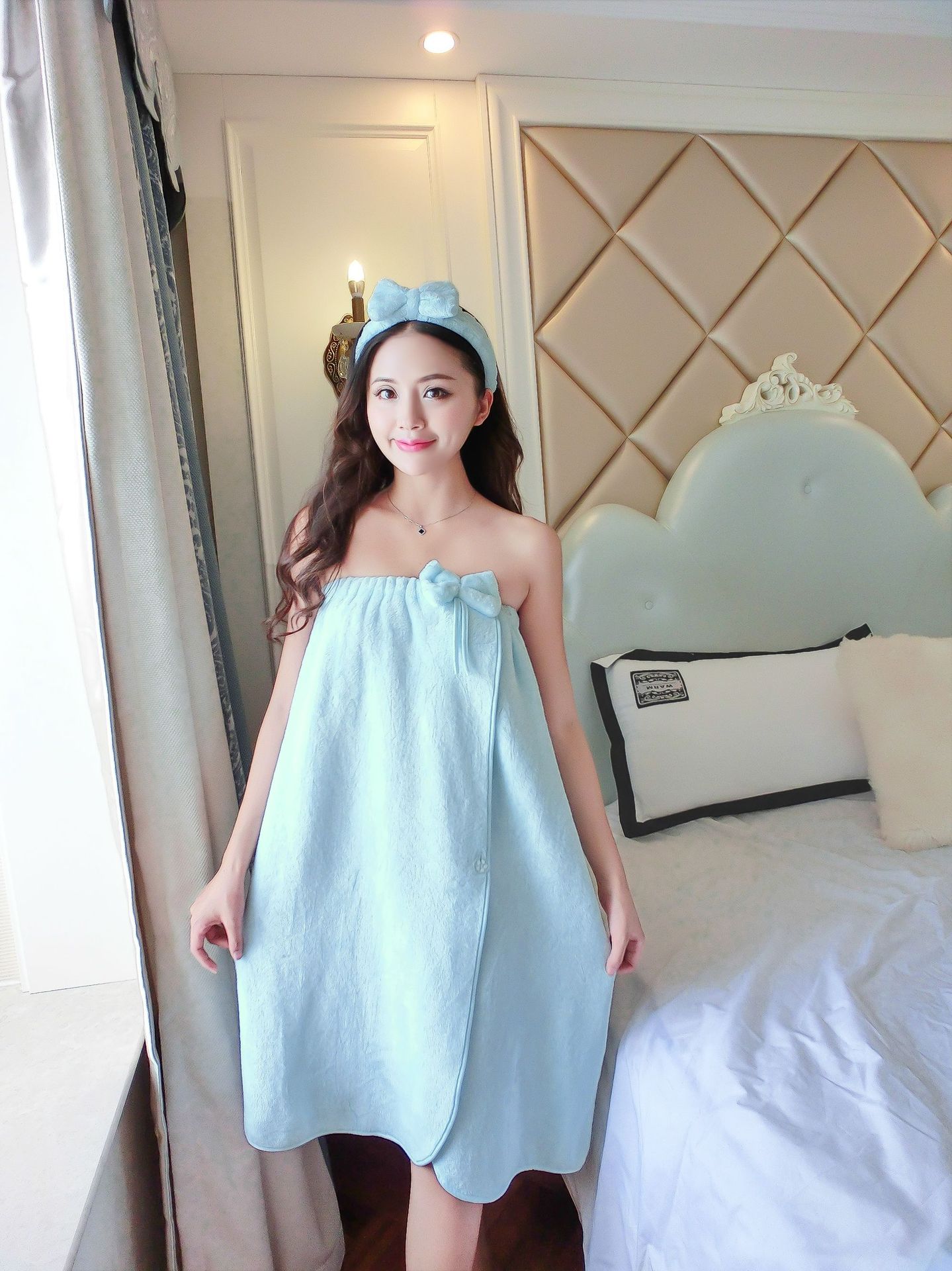 春夏秋发带裹胸百变粘扣睡裙浴巾袍法兰绒抹胸睡衣家居服女