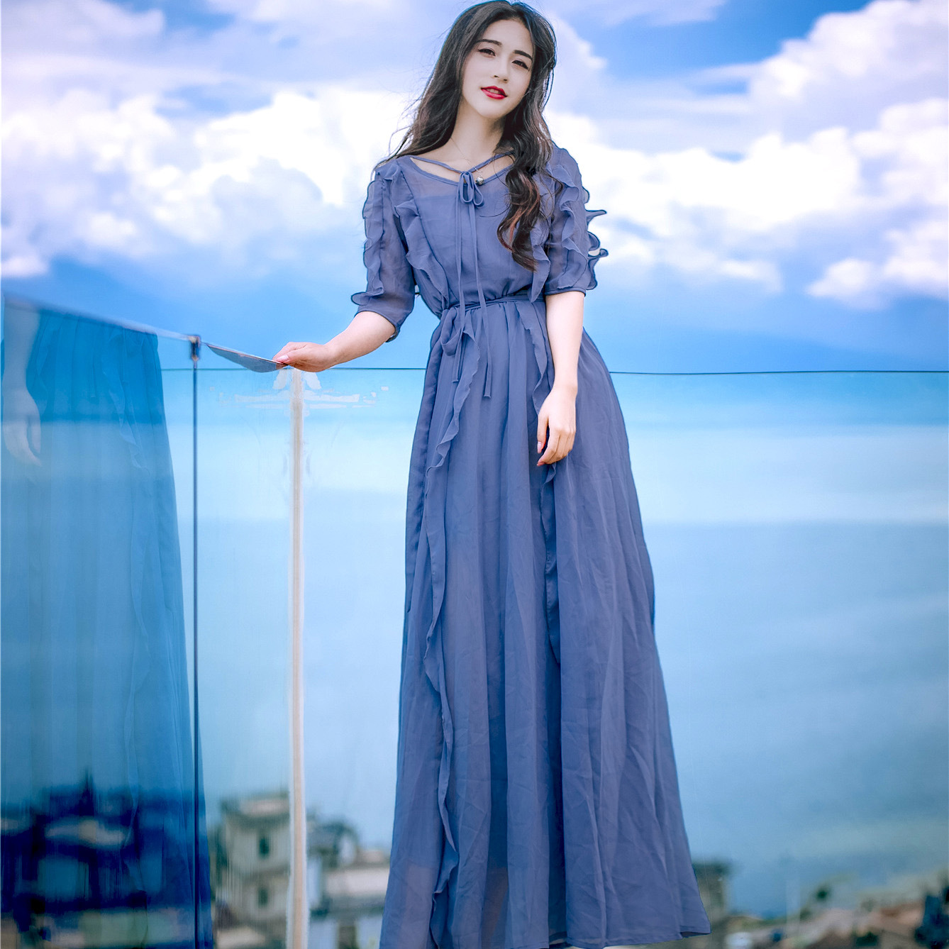 2018春夏新款文艺小清新荷叶边v领雪纺连衣裙海边度假沙滩长裙仙