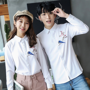 18春装长袖衬衣情侣装小鸟刺绣男女衬衫班服男装类目