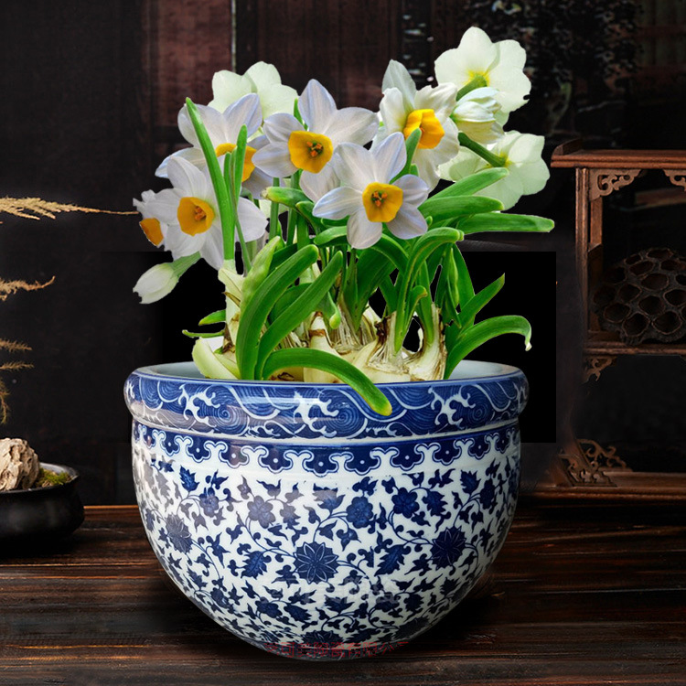 花盆水浅缸乌龟缸睡莲摆件景德镇陶瓷器青花瓷