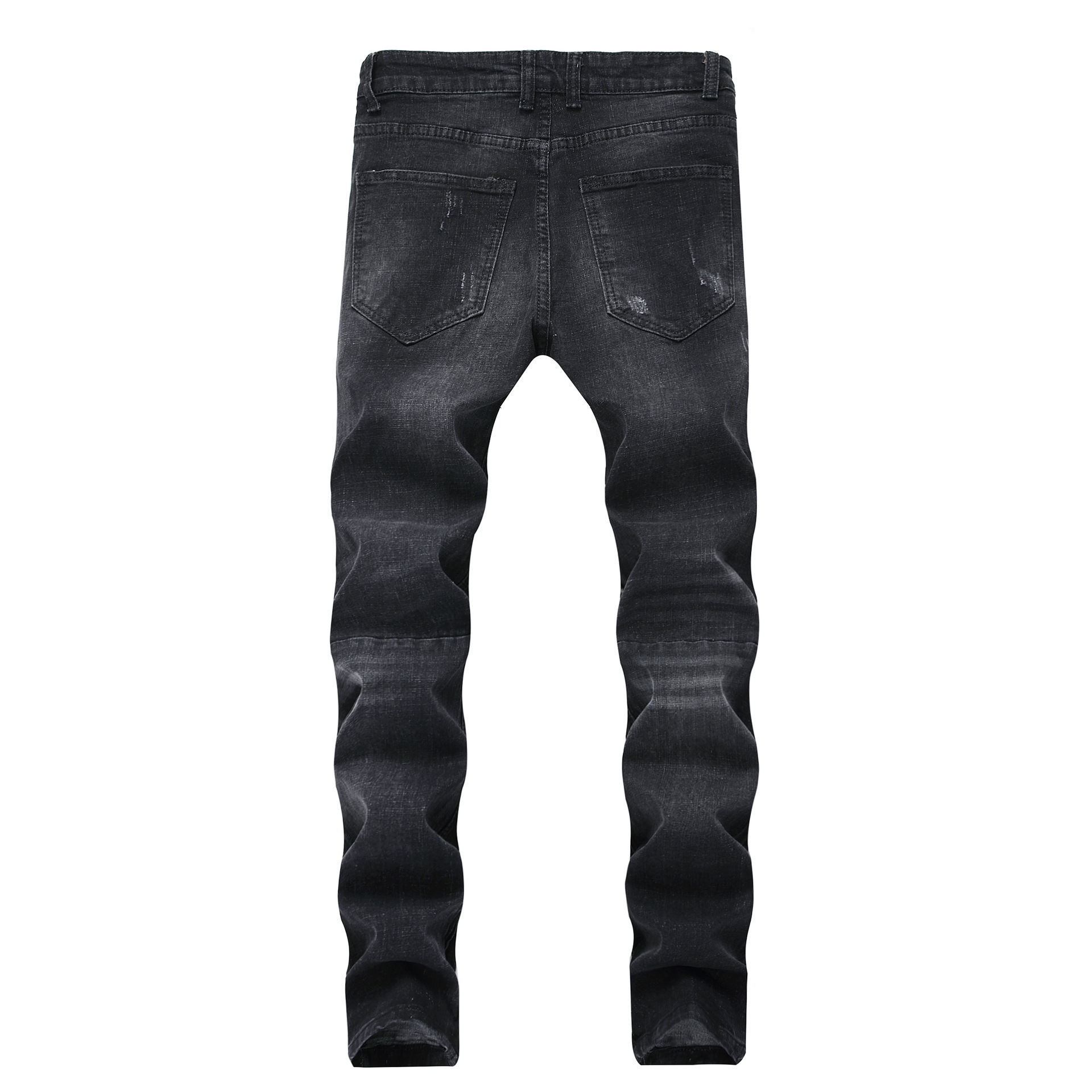 男士破洞裤脚大拉链高弹力牛仔裤拼接浅色纽扣修身男装外贸长裤