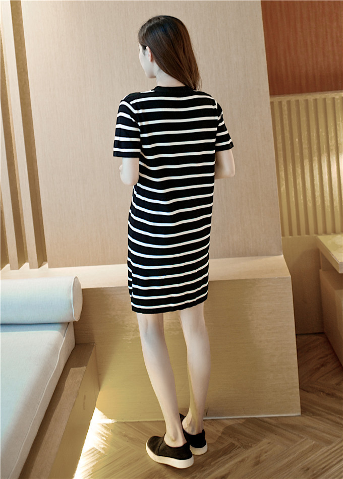条纹下摆开叉短袖连衣裙夜市低头货源9.9包邮宽松大码胖mm休闲夏