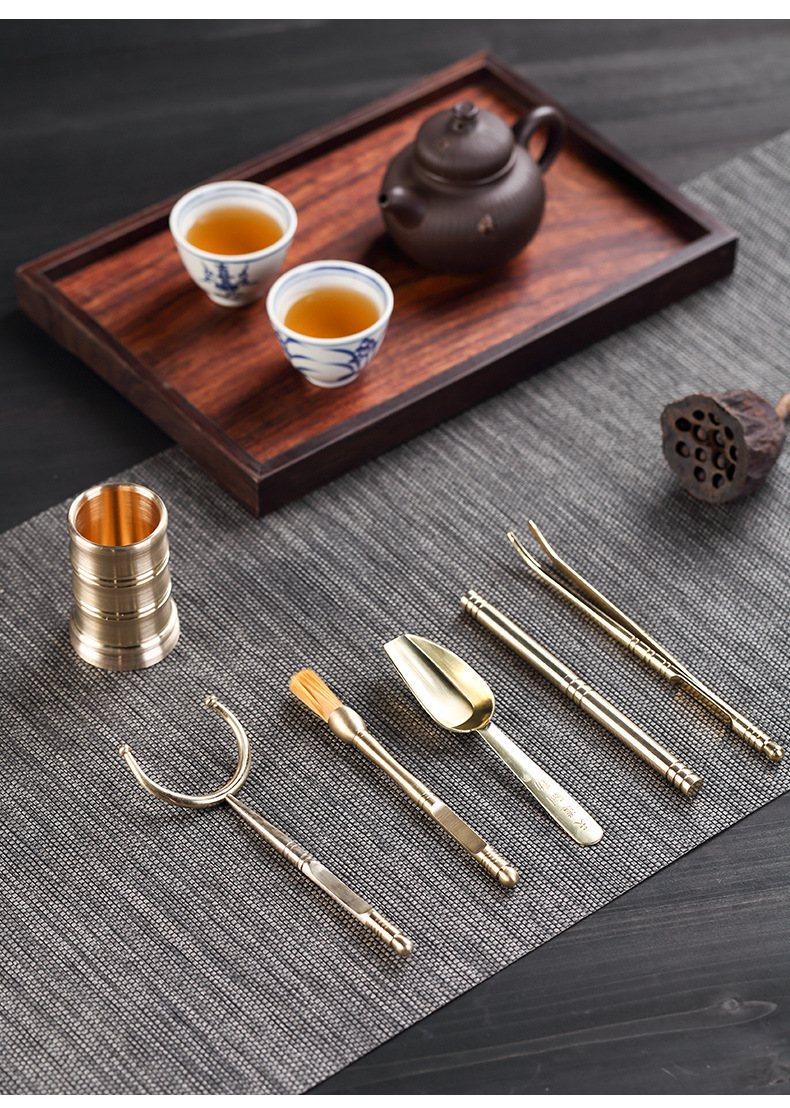 纯铜茶道六君子套组 普洱茶针刀茶勺纯铜茶夹抹茶刷功夫茶具配件