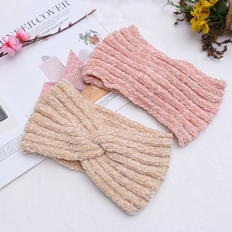 Factory Direct Sale New European and American Chenille Wool Striped Front Cross Women's Autumn and Winter Knitted Hair Band