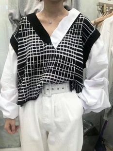 韩版18年秋假两件毛衣前短后长格子拼接灯笼衬衣袖针织衫女