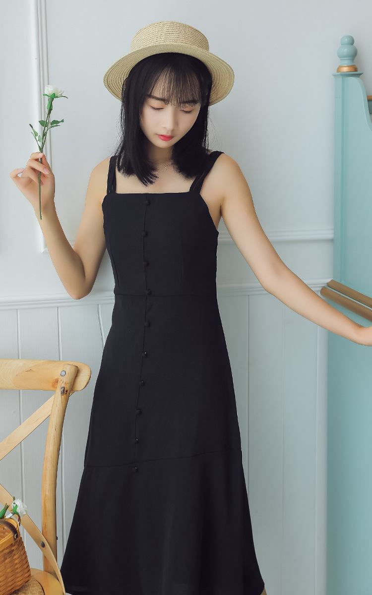 2018新款吊带连衣裙夏sukol少女黑复古冷淡风高腰显瘦ins温柔裙子