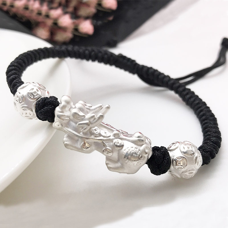 正品999纯银招财貔貅红绳编绳手链3d硬银足银麒麟男女情侣手绳